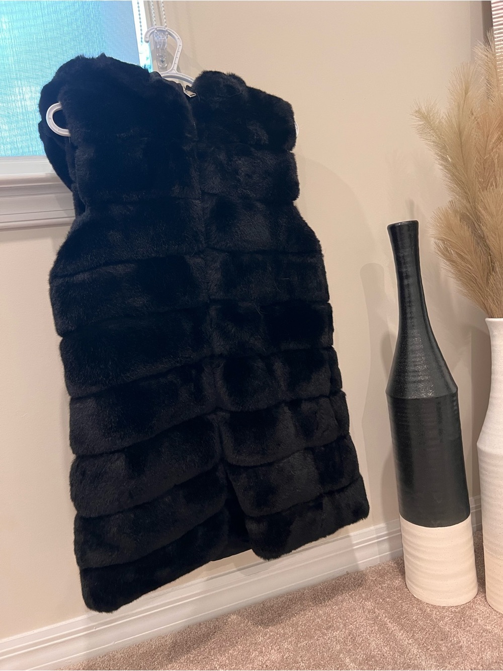 Plush Black Faux Fur Hooded Vest for Women